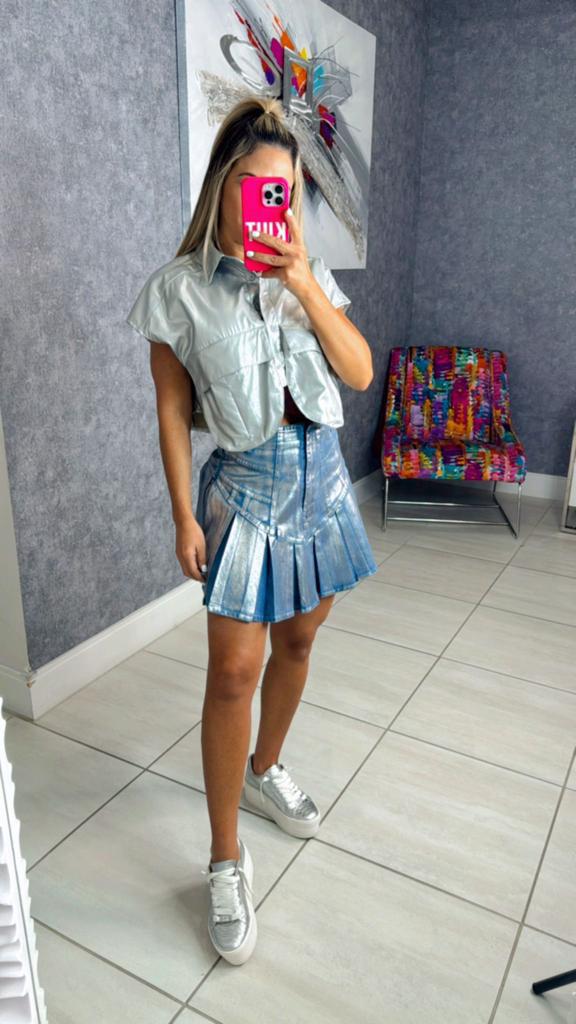 6361 Foil effect pleated denim skirt