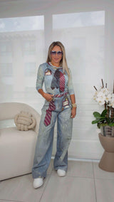 2466 Printed mesh top and pants set