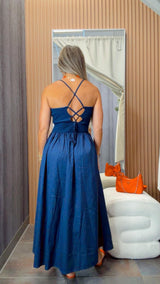 2213 Tie back solid midi dress