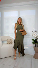 I094 Asymmetric knit midi dress