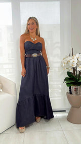 5047 Strapless denim midi dress with belt