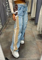 0816 Contrast animal print denim with elastic waist