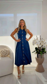 3596 Button down denim midi dress