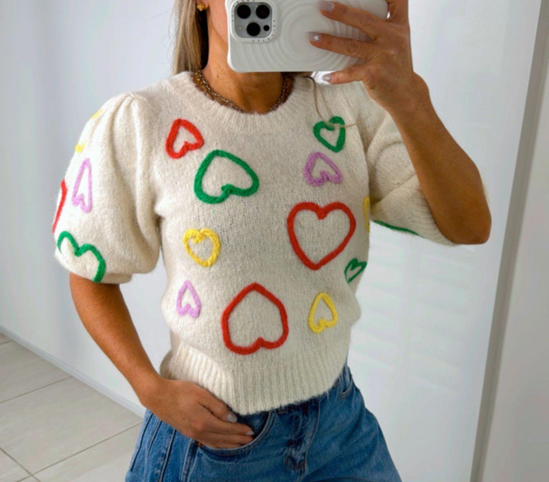5722 Knit hearts short sleeve sweater