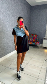 2229 Contrast denim and cotton mini dress