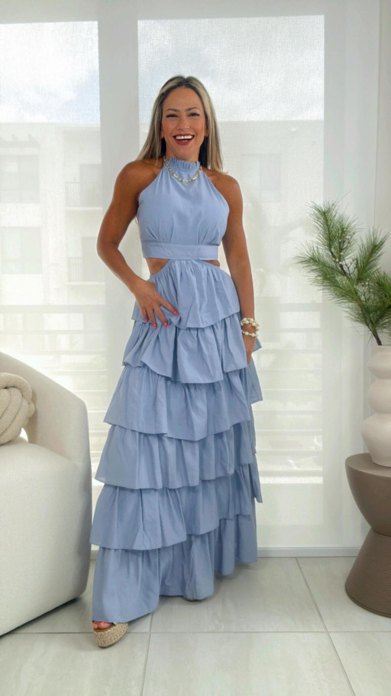 6054 Halter neck ruffle long dress