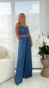 5323 Washed denim top and wide pants set