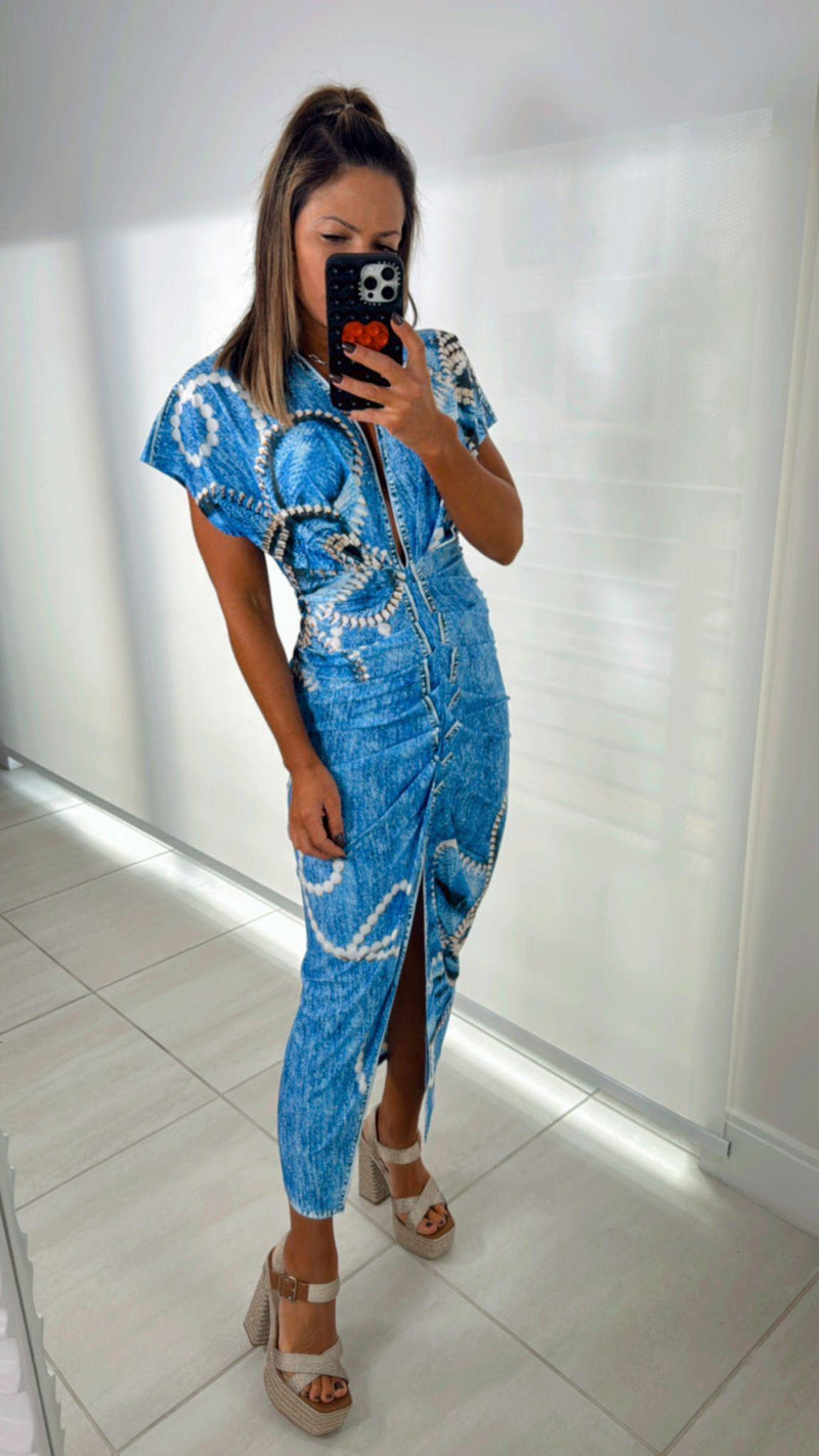 3703 Vneck print denim dress