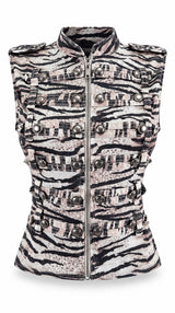 7629 Printed denim napoleon vest