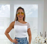 2229 Ribbed mesh detail one shoulder top
