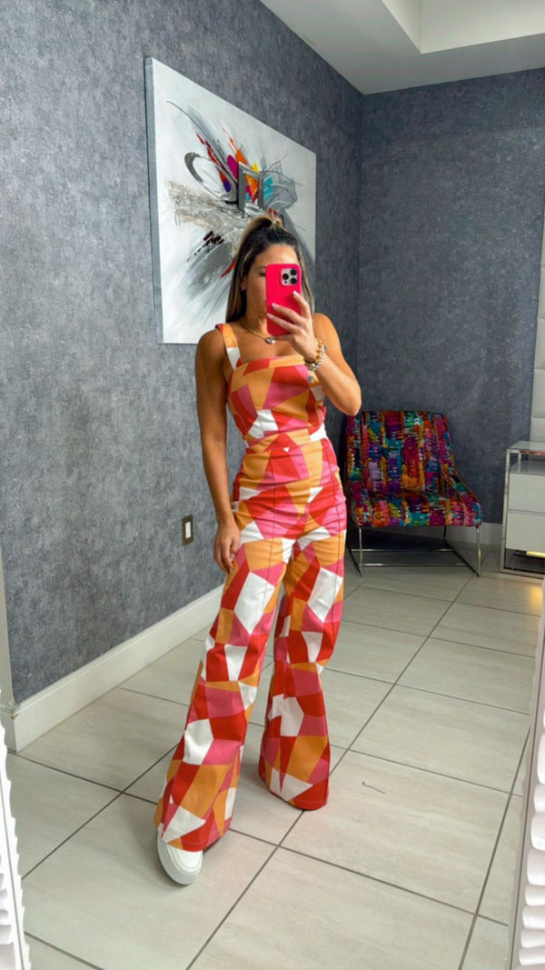 8255 Printed twill jumpsuit with straight neckline