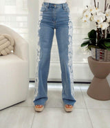 0597 Lace detail on side denim pants