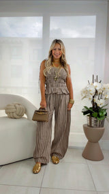 3436 Ruffled hem smocked top wide leg jumpsuit