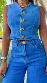 7477 Gold button denim vest and bermuda set