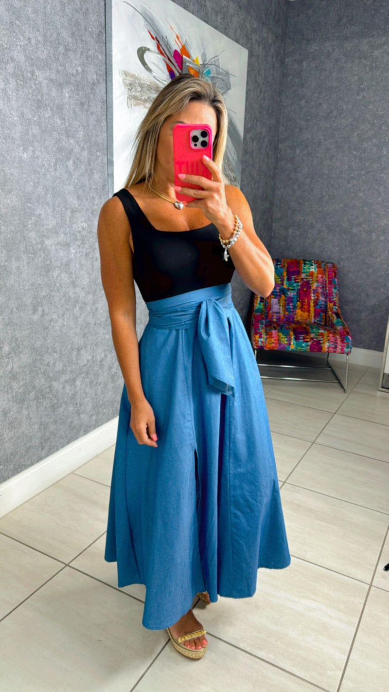 6162 Square neck denim midi dress