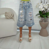 4074 Double waist ripped denim bermuda