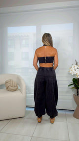 6009 Open back barrel washed denim jumpsuit
