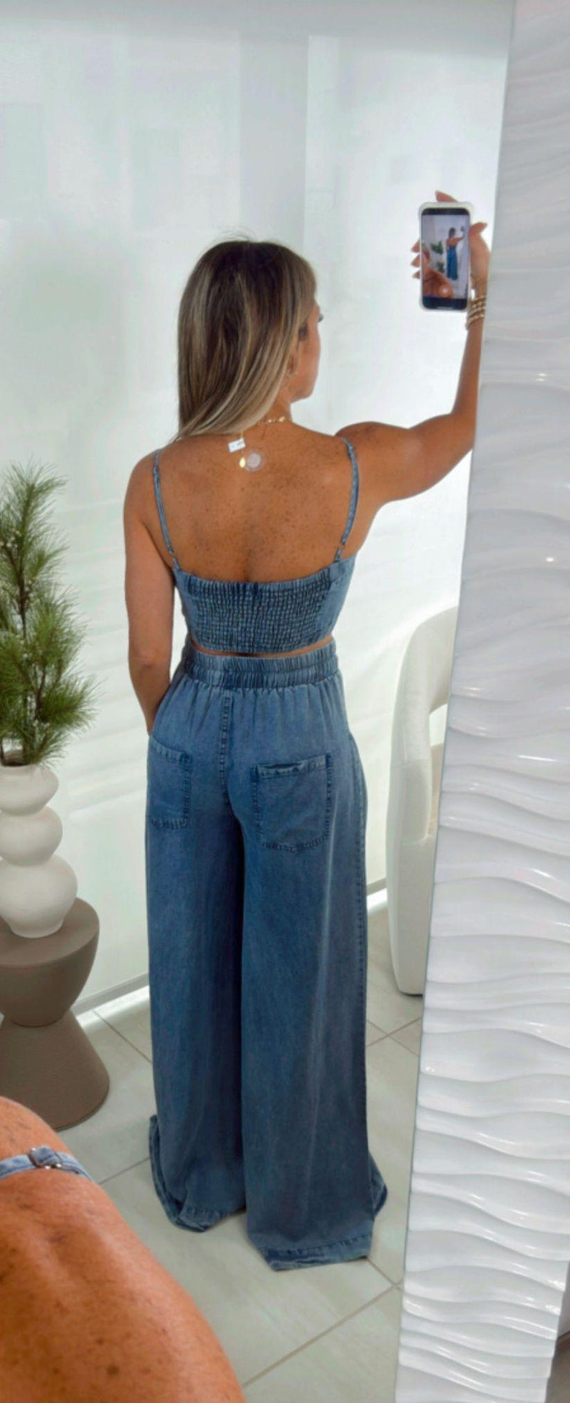 1008 Washed woven button up wide leg matching set