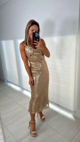 0465 Sequin cross back cowl dress