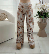 4022 Brown flowers print denim pants