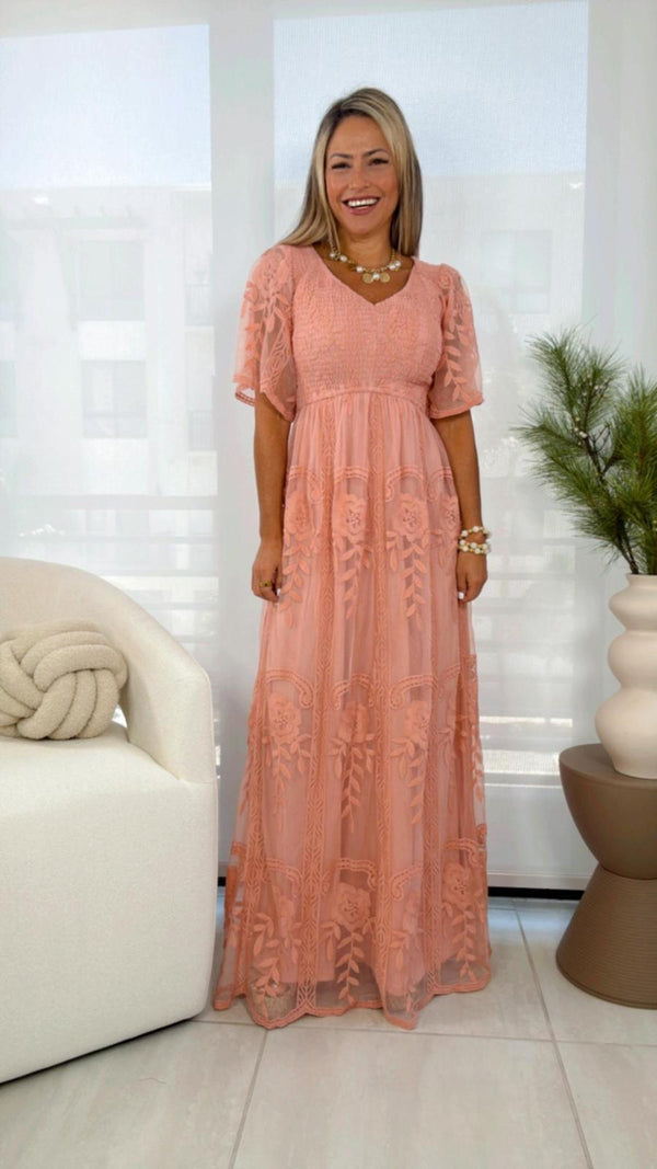 7022 Smocked  top lace maxi dress