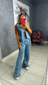 3556 Denim vest and wide leg pant set