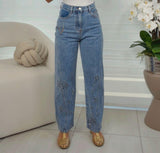 1720 Embroidered barrel leg denim pants