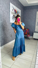 0581 Denim dress off shoulder neckline