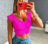 2085 Ribbed short vneck shirred detail crop top