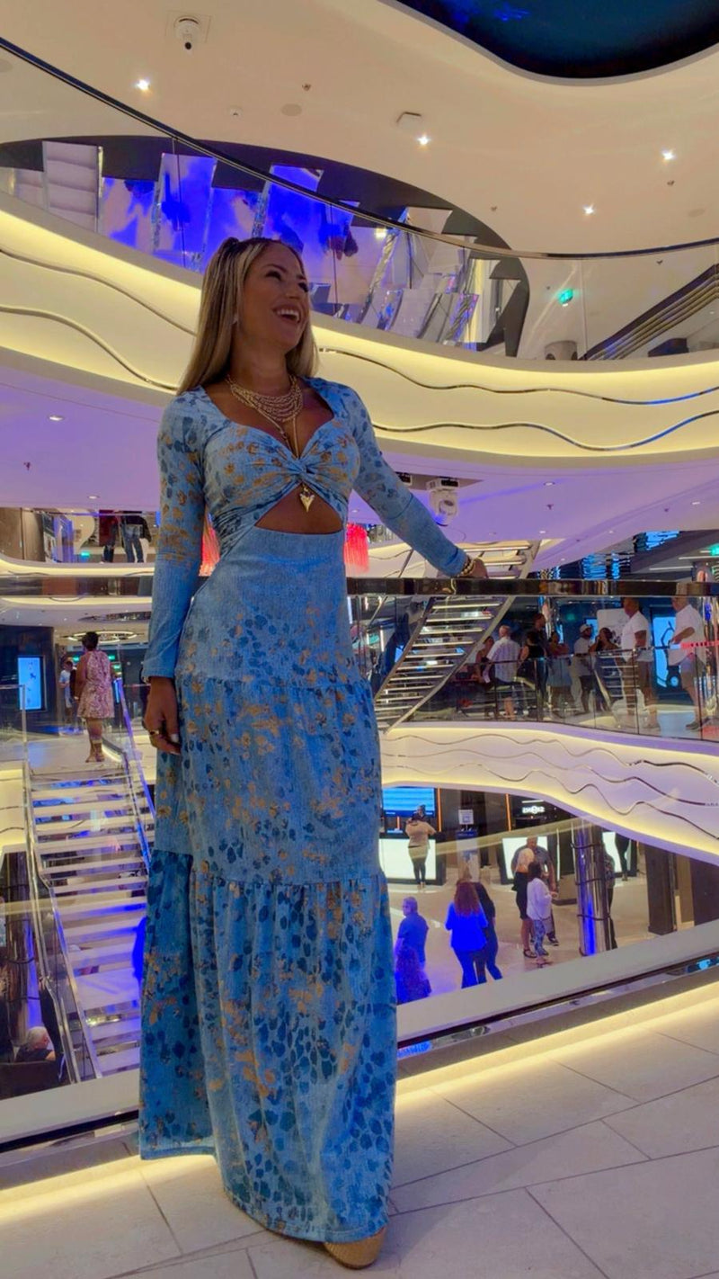 1765 Denim leopard print long sleeve maxi dress Kiut