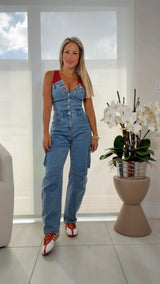 7314 Denim tube cargo jumpsuit