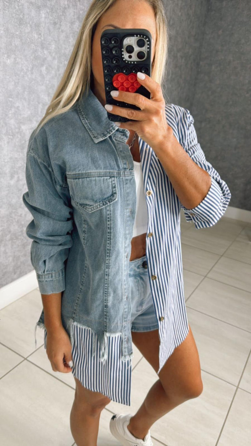 9100 Striped shirt with denim detail