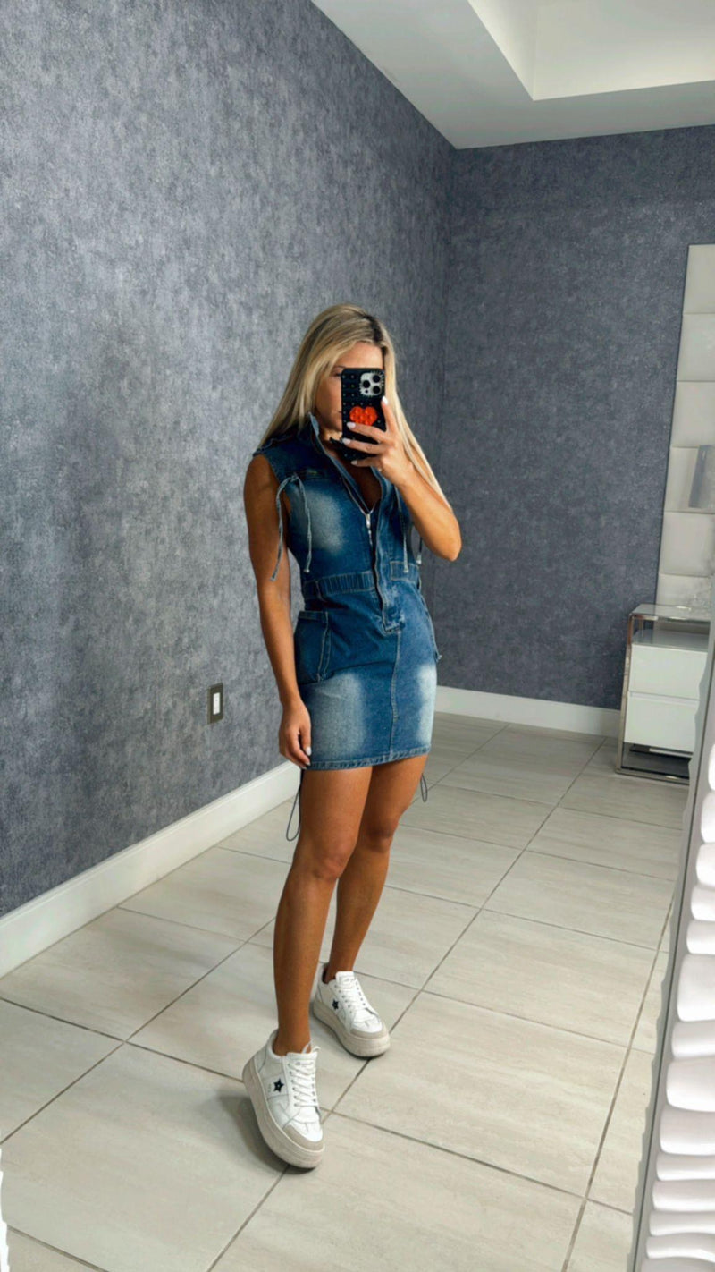 3573 Denim cargo mini dress with zipper