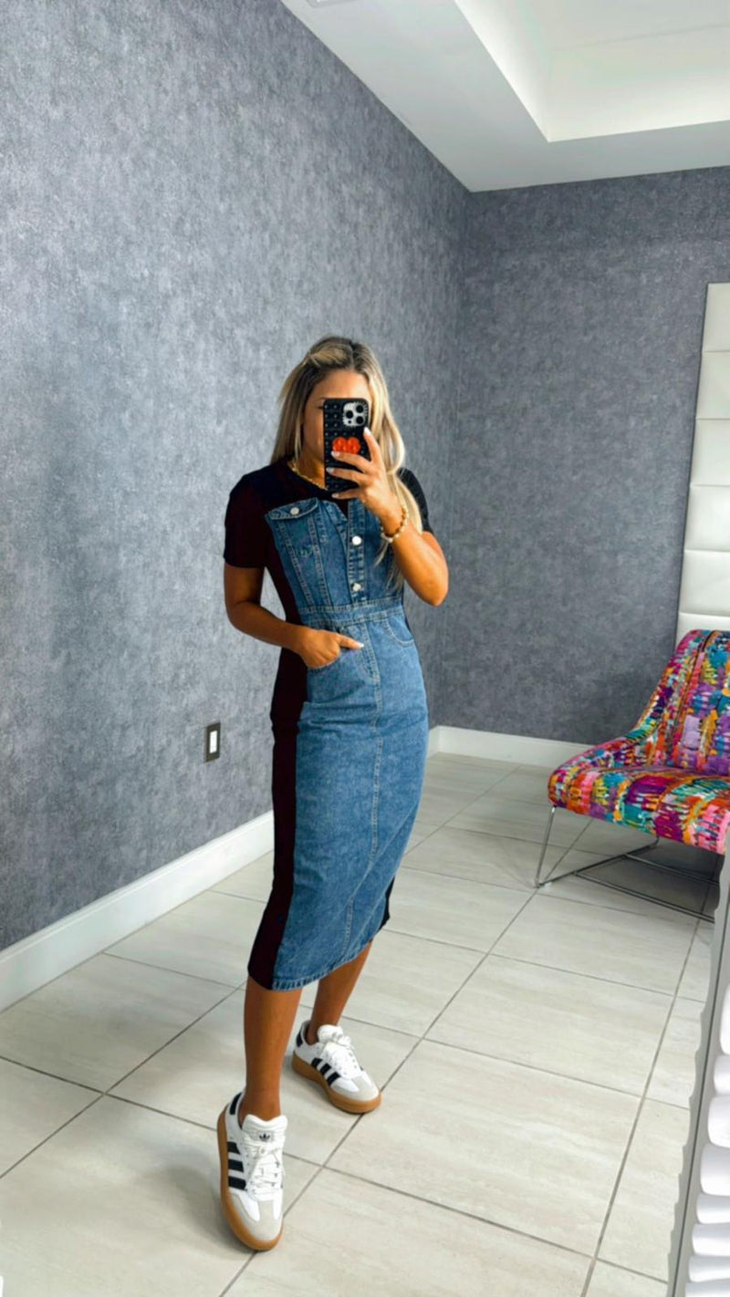 5296 Contrast denim midi dress