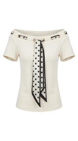 7318 Off shoulder polka dot tie detail top
