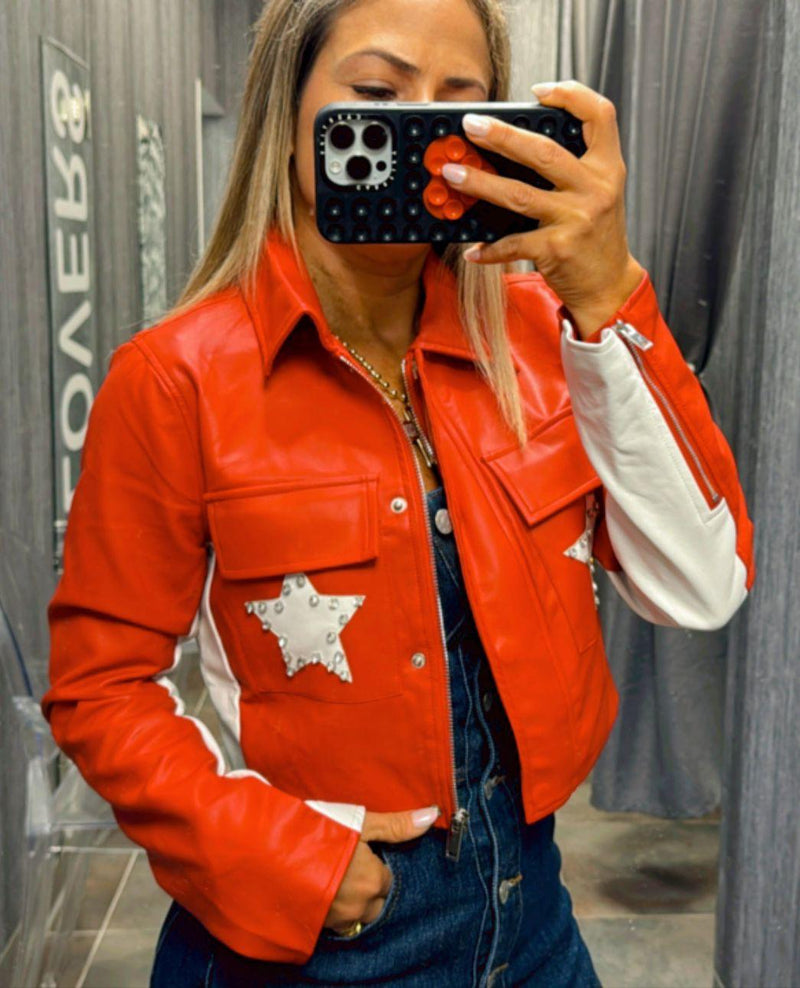 8029 Faux leather star crop jacket