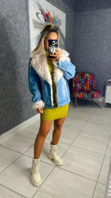 7576 Fur collard cuff over sized denim jacket