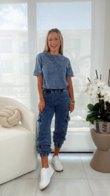3295 Eyelet denim wash cotton crop top
