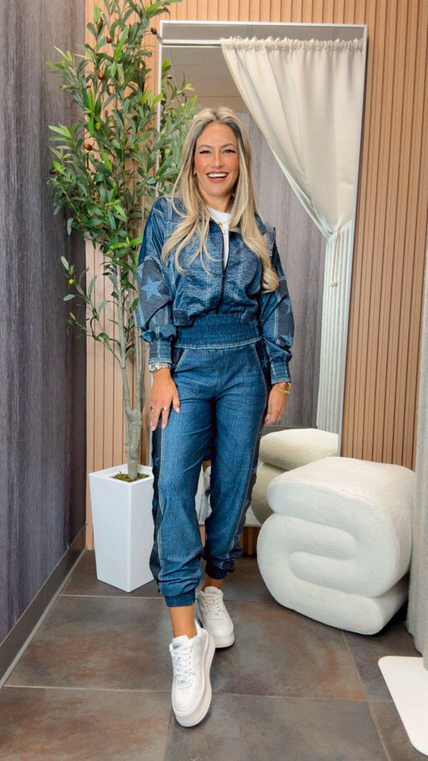 1707 Denim star printed jacket and jogger set KIUT