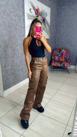 L455 Wide leg leather cargo pants