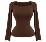 7839 Ribbed slash neck long sleeve top
