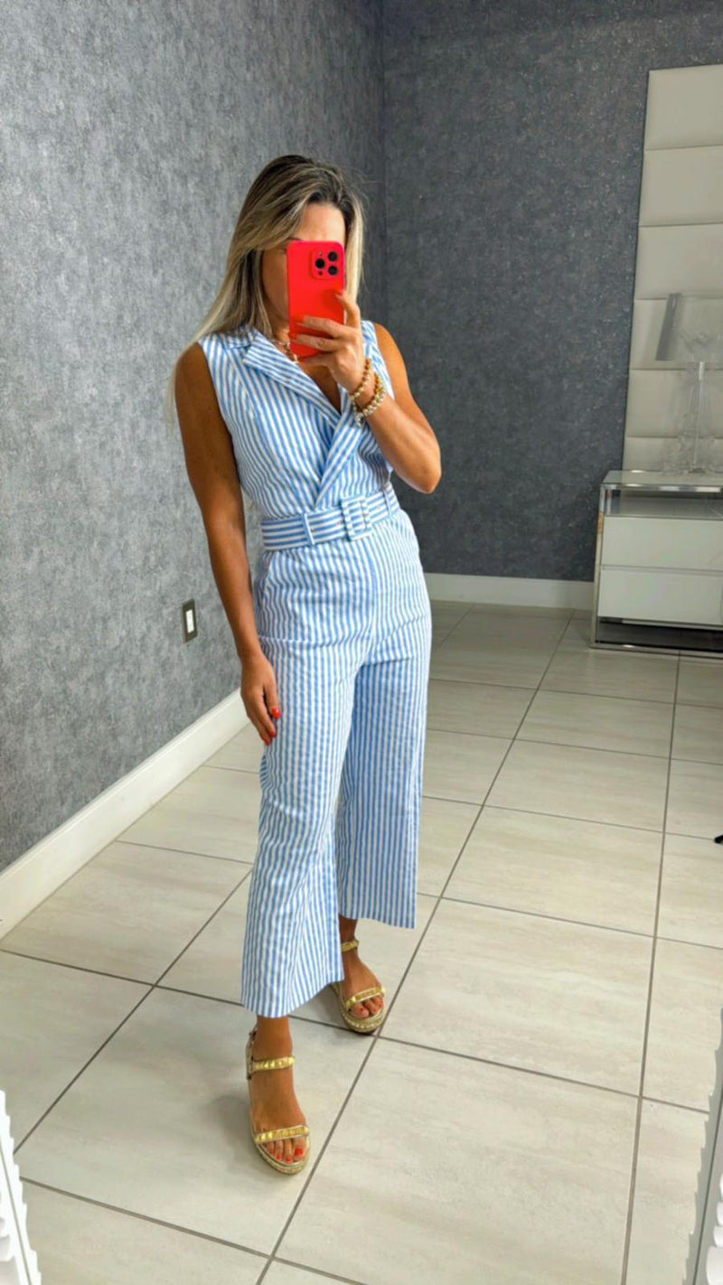 8932 Striped belted jumpsuit with pockets