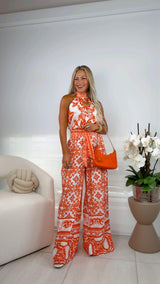 4726 Border print halter neck jumpsuit