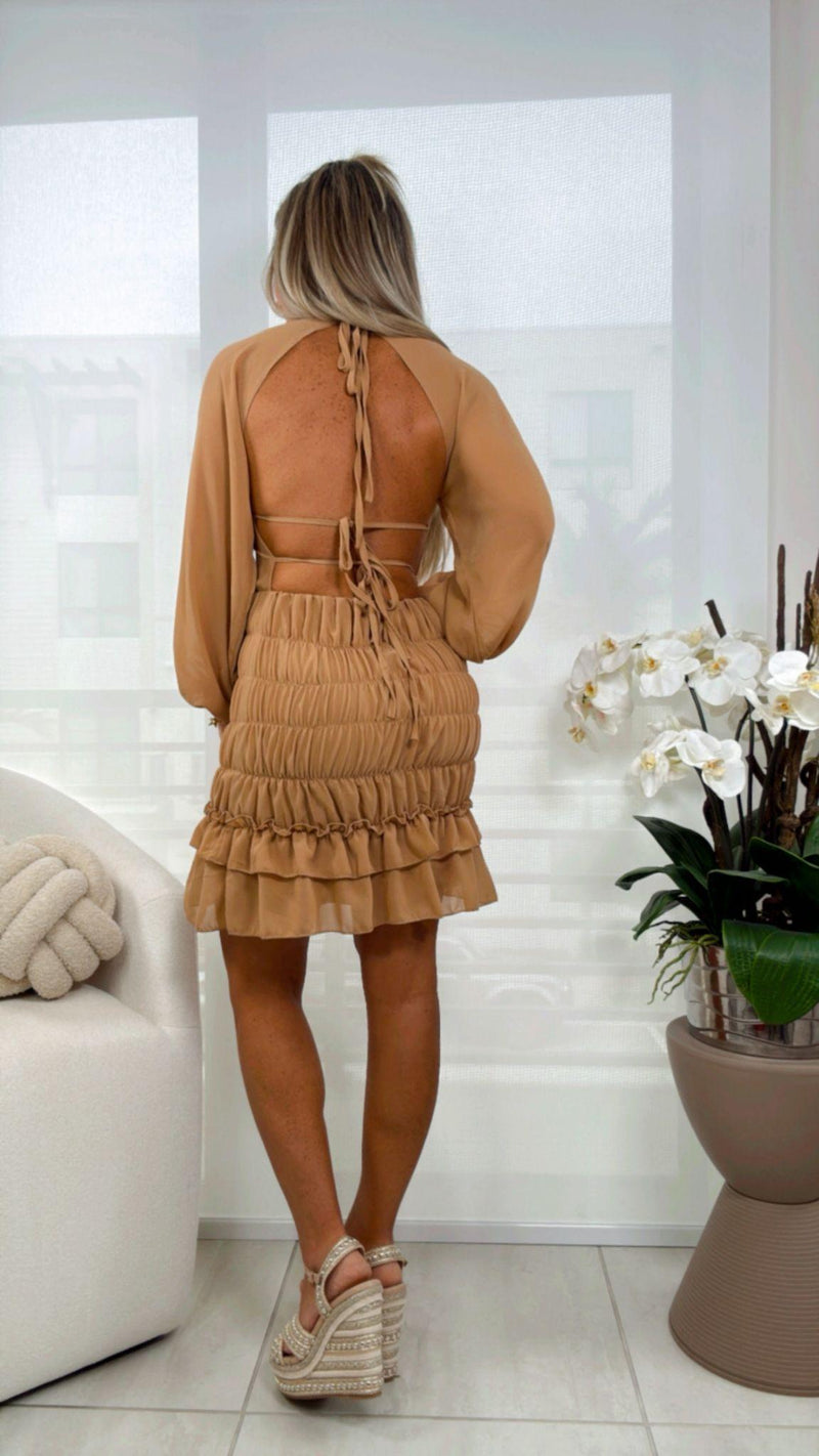 5099 Ruched open back long sleeve dress