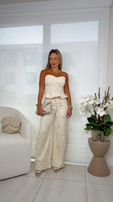 4191 Embroidery strapless top and pants set
