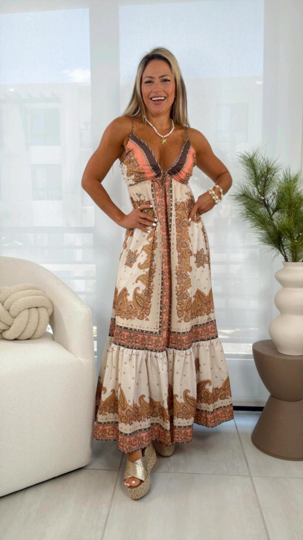 9269 Open back printed maxi dress