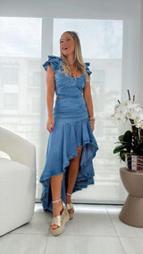 6325 Denim top and high-low hem maxi skirt set