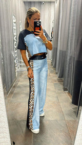 1161 Denim and leopard print top an pant set