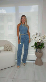 4342 Halter neck open back denim jumpsuit