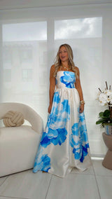 3041 Printed woven strapless maxi dress